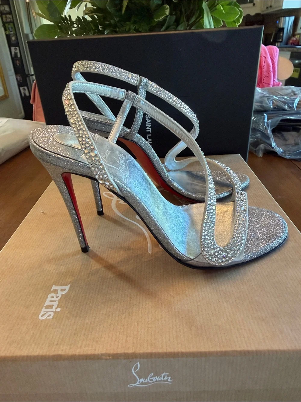 Christian Louboutin Silver Crystal Strappy Heels